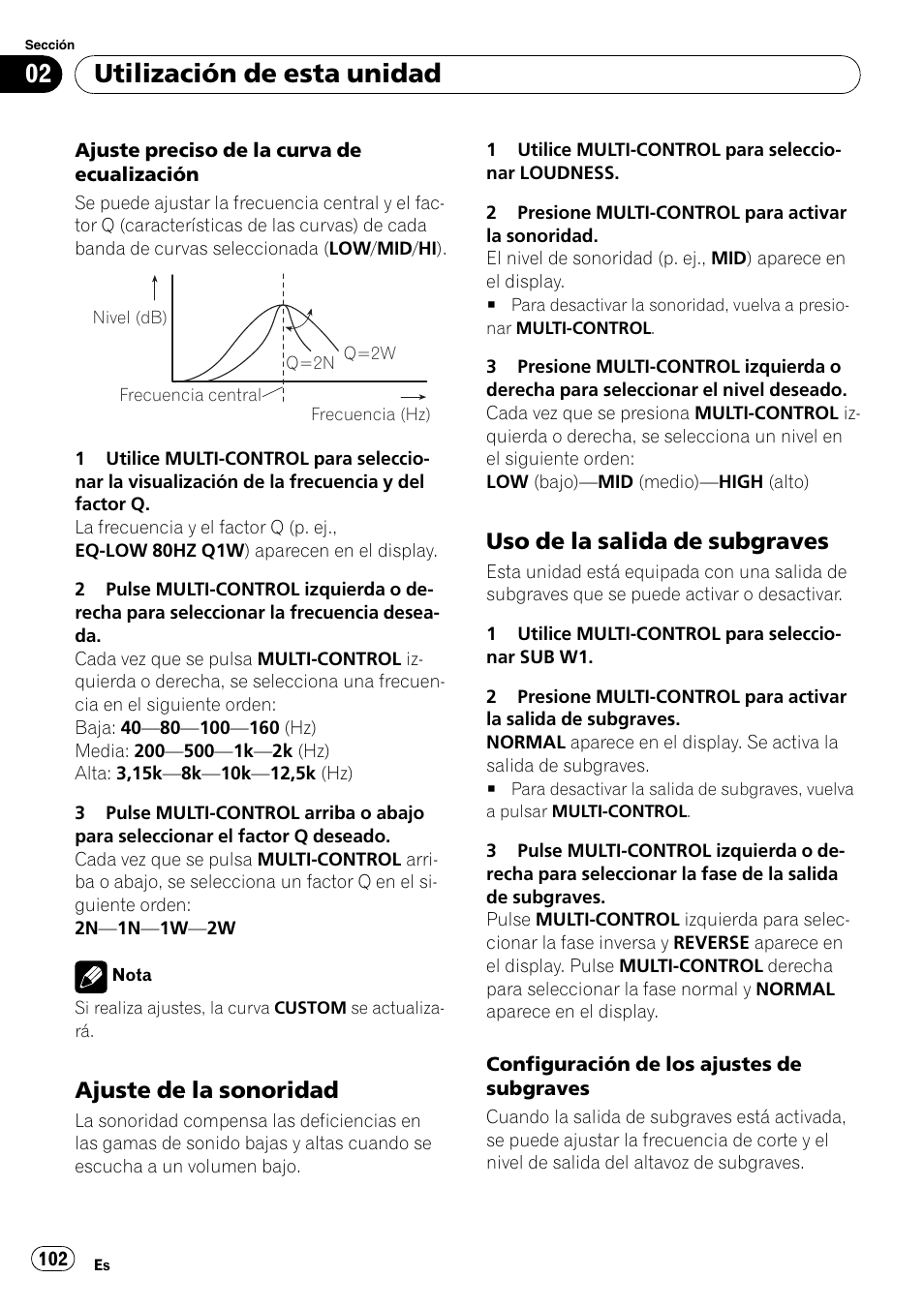 Ajuste de la sonoridad 102, Uso de la salida de subgraves 102, Utilización de esta unidad | Ajuste de la sonoridad, Uso de la salida de subgraves | Pioneer DEH-P65BT User Manual | Page 102 / 130