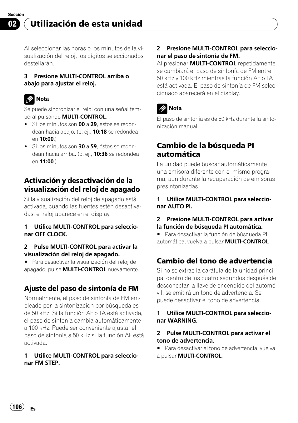 Activación y desactivación de la, Visualización del reloj de apagado, Ajuste del paso de sintonía de fm 106 | Cambio de la búsqueda pi, Automática, Cambio del tono de advertencia 106, Utilización de esta unidad, Ajuste del paso de sintonía de fm, Cambio de la búsqueda pi automática, Cambio del tono de advertencia | Pioneer DEH-P65BT User Manual | Page 106 / 130