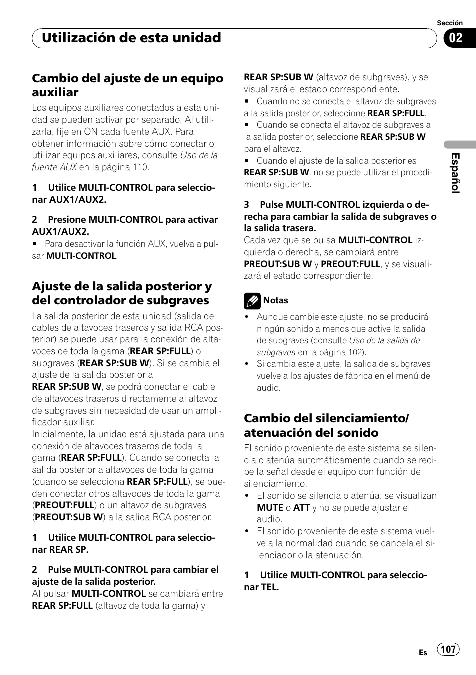 Cambio del ajuste de un equipo, Auxiliar, Ajuste de la salida posterior y del | Controlador de subgraves, Cambio del silenciamiento/atenuación, Del sonido, Utilización de esta unidad, Cambio del ajuste de un equipo auxiliar, Cambio del silenciamiento/ atenuación del sonido | Pioneer DEH-P65BT User Manual | Page 107 / 130