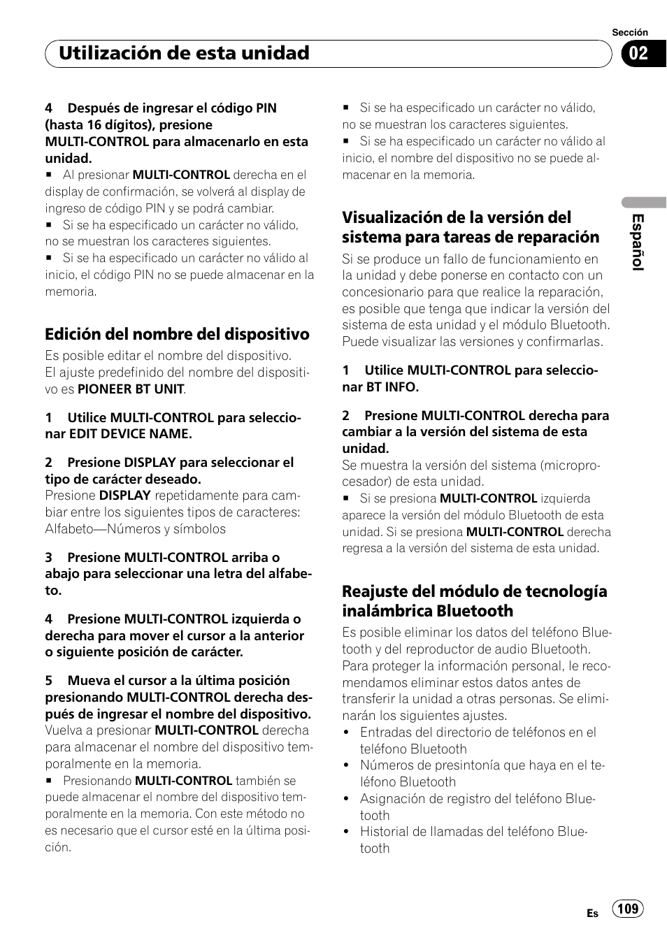 Edición del nombre del, Dispositivo, Visualización de la versión del sistema | Para tareas de reparación, Reajuste del módulo de tecnología, Inalámbrica bluetooth, Utilización de esta unidad, Edición del nombre del dispositivo | Pioneer DEH-P65BT User Manual | Page 109 / 130