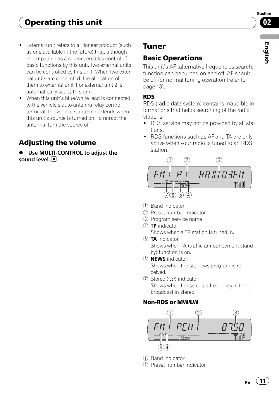 Adjusting the volume 11, Tuner, Basic operations 11 | Operating this unit, Adjusting the volume, Basic operations | Pioneer DEH-P65BT User Manual | Page 11 / 130