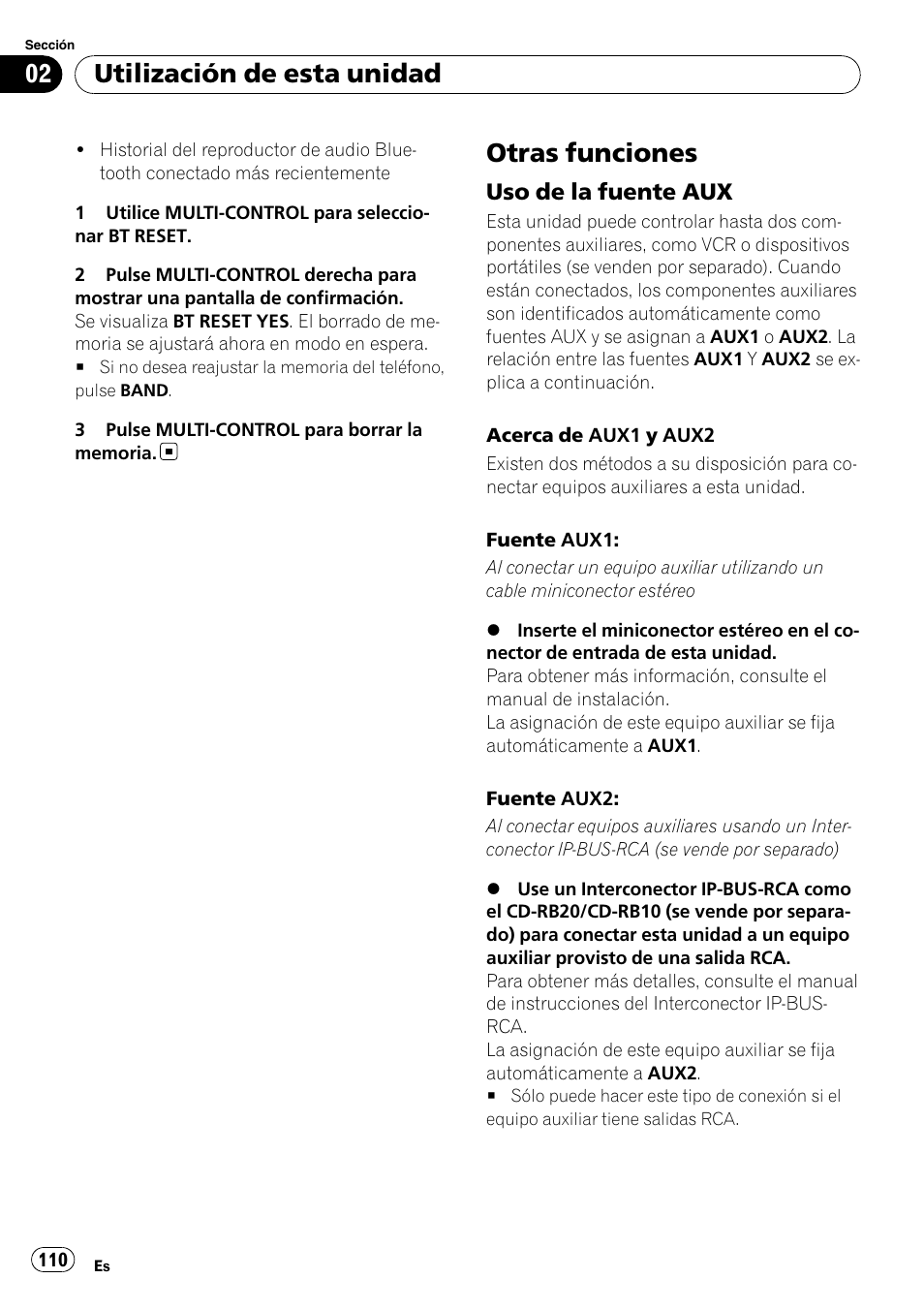 Otras funciones, Uso de la fuente aux 110, Utilización de esta unidad | Uso de la fuente aux | Pioneer DEH-P65BT User Manual | Page 110 / 130