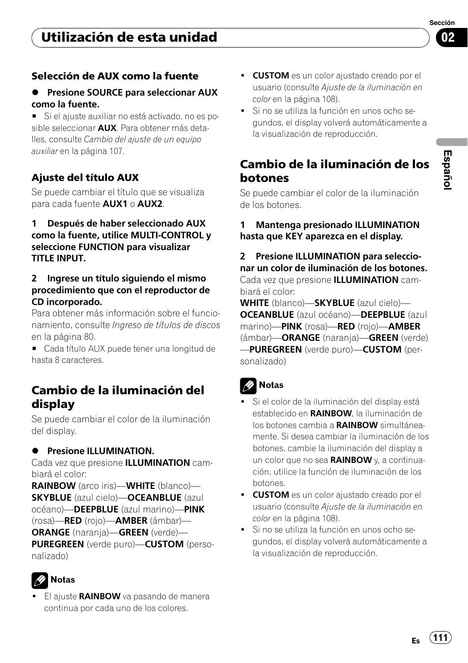 Cambio de la iluminación del, Display, Cambio de la iluminación de los | Botones, Utilización de esta unidad, Cambio de la iluminación del display, Cambio de la iluminación de los botones | Pioneer DEH-P65BT User Manual | Page 111 / 130