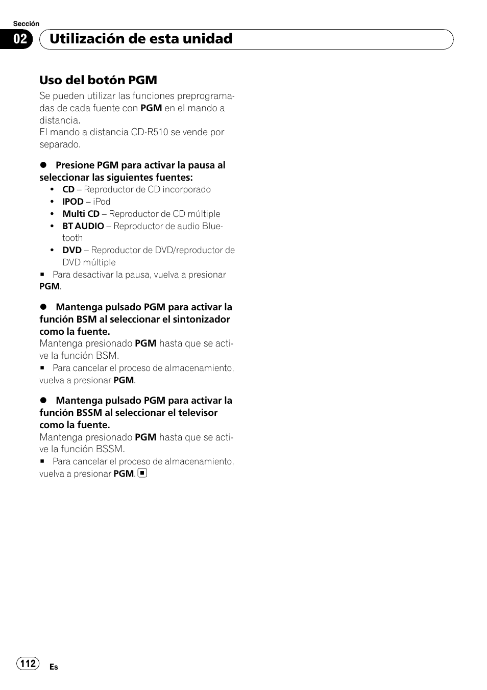 Uso del botón pgm 112, Utilización de esta unidad, Uso del botón pgm | Pioneer DEH-P65BT User Manual | Page 112 / 130