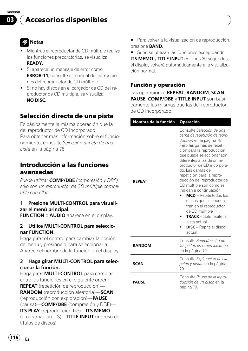 Selección directa de una pista 116, Introducción a las funciones, Avanzadas | Accesorios disponibles, Selección directa de una pista, Introducción a las funciones avanzadas | Pioneer DEH-P65BT User Manual | Page 116 / 130