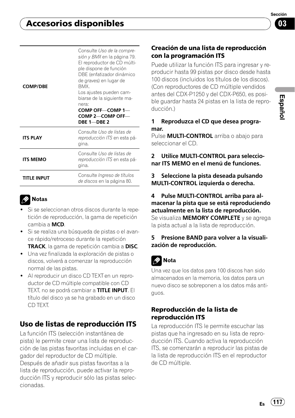 Uso de listas de reproducción its 117, Accesorios disponibles, Uso de listas de reproducción its | Pioneer DEH-P65BT User Manual | Page 117 / 130