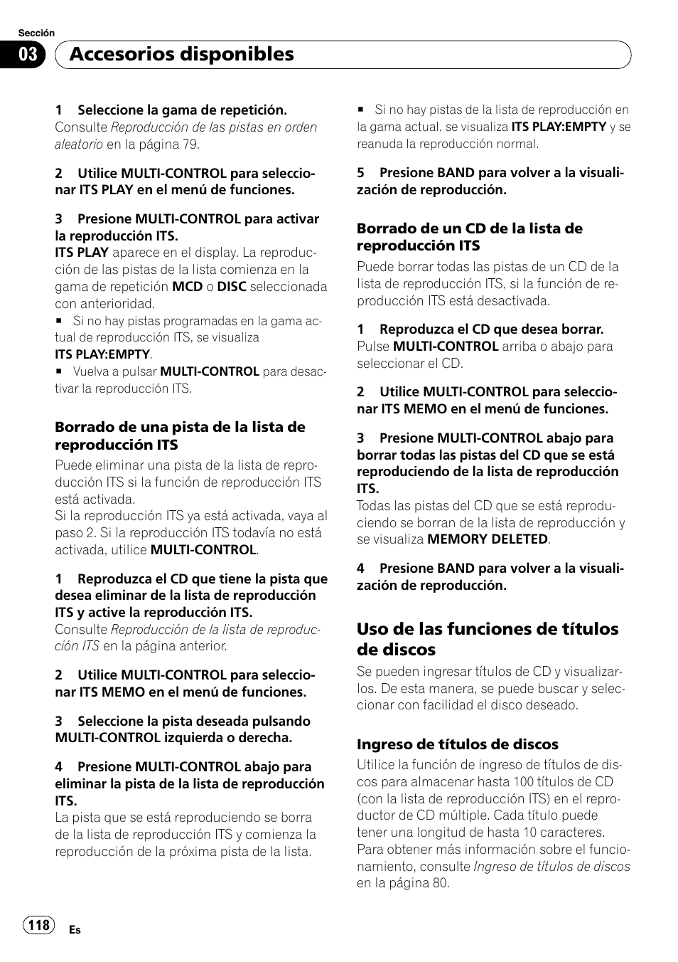 Uso de las funciones de títulos de, Discos, Accesorios disponibles | Uso de las funciones de títulos de discos | Pioneer DEH-P65BT User Manual | Page 118 / 130