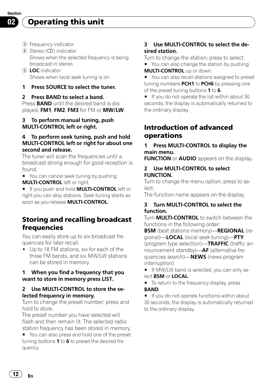 Storing and recalling broadcast, Frequencies, Introduction of advanced | Operations, Operating this unit, Storing and recalling broadcast frequencies, Introduction of advanced operations | Pioneer DEH-P65BT User Manual | Page 12 / 130