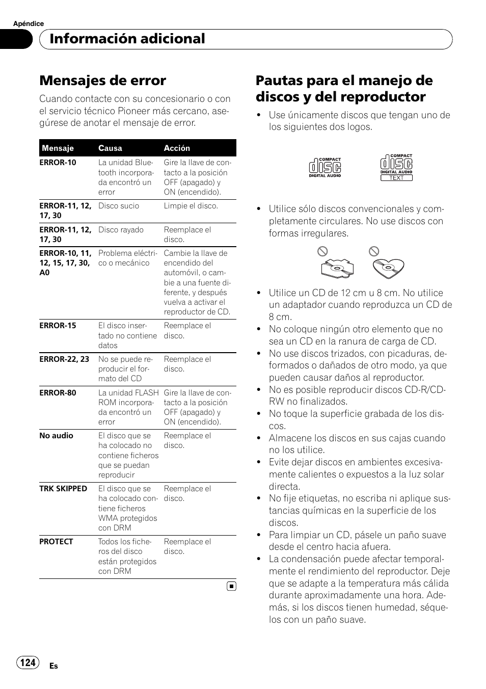Información adicional mensajes de error, Pautas para el manejo de discos y del, Reproductor | Mensajes de error, Pautas para el manejo de discos y del reproductor, Información adicional | Pioneer DEH-P65BT User Manual | Page 124 / 130