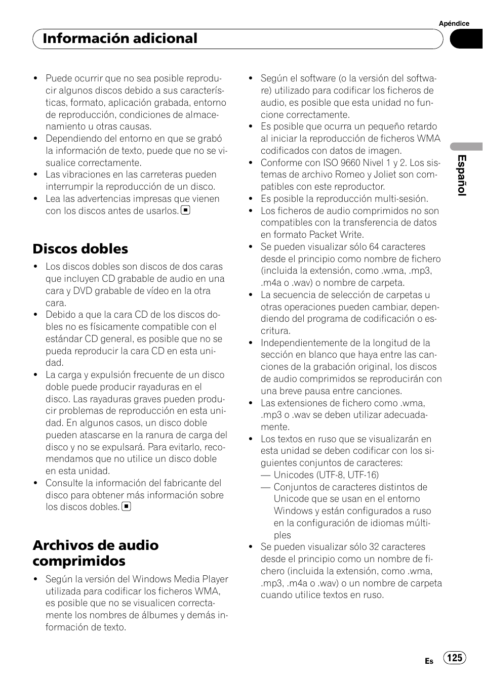 Discos dobles, Archivos de audio comprimidos, Información adicional | Pioneer DEH-P65BT User Manual | Page 125 / 130