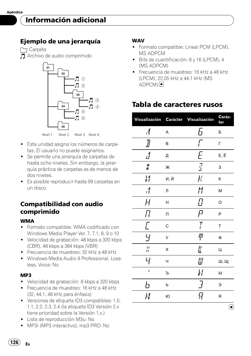 Ejemplo de una jerarquía 126, Compatibilidad con audio, Comprimido | Tabla de caracteres rusos, Información adicional, Ejemplo de una jerarquía, Compatibilidad con audio comprimido | Pioneer DEH-P65BT User Manual | Page 126 / 130