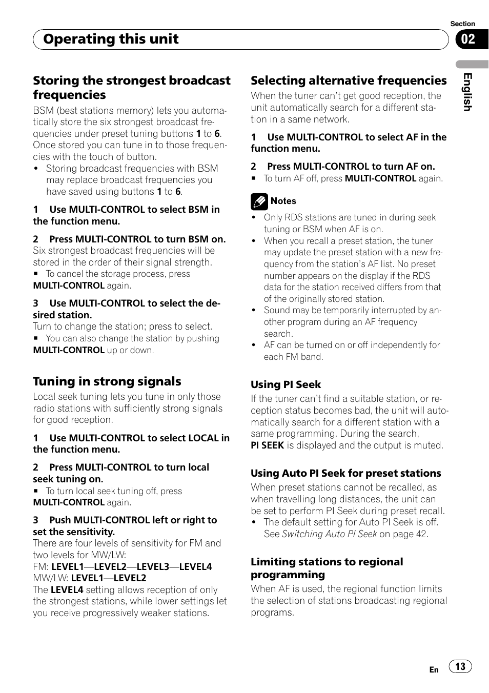 Storing the strongest broadcast, Frequencies, Tuning in strong signals 13 | Selecting alternative frequencies 13, Operating this unit, Storing the strongest broadcast frequencies, Tuning in strong signals, Selecting alternative frequencies | Pioneer DEH-P65BT User Manual | Page 13 / 130