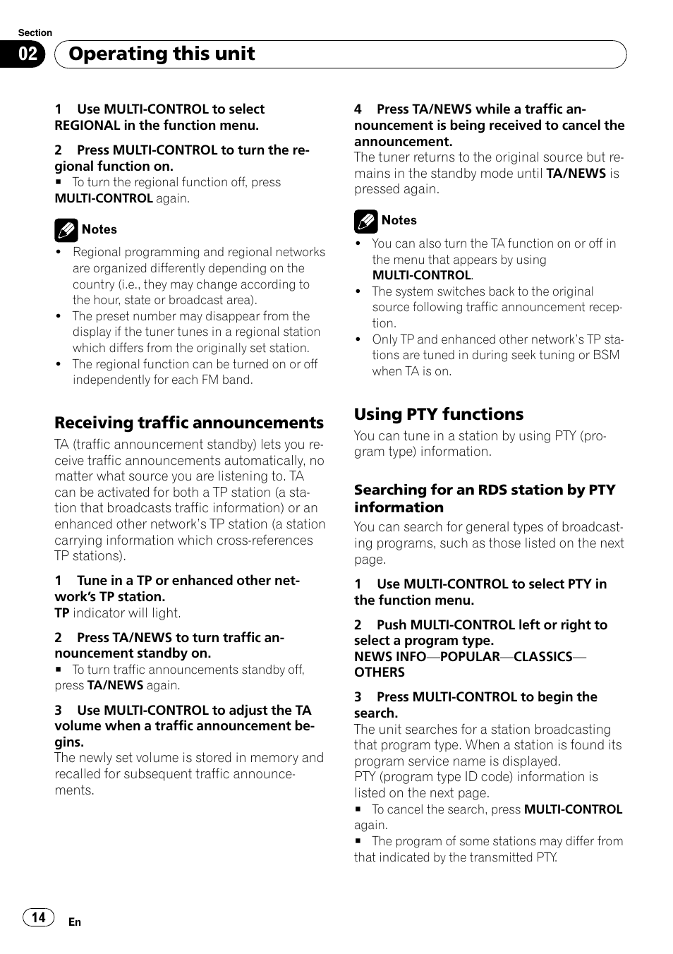 Receiving traffic announcements 14, Using pty functions 14, Operating this unit | Receiving traffic announcements, Using pty functions | Pioneer DEH-P65BT User Manual | Page 14 / 130