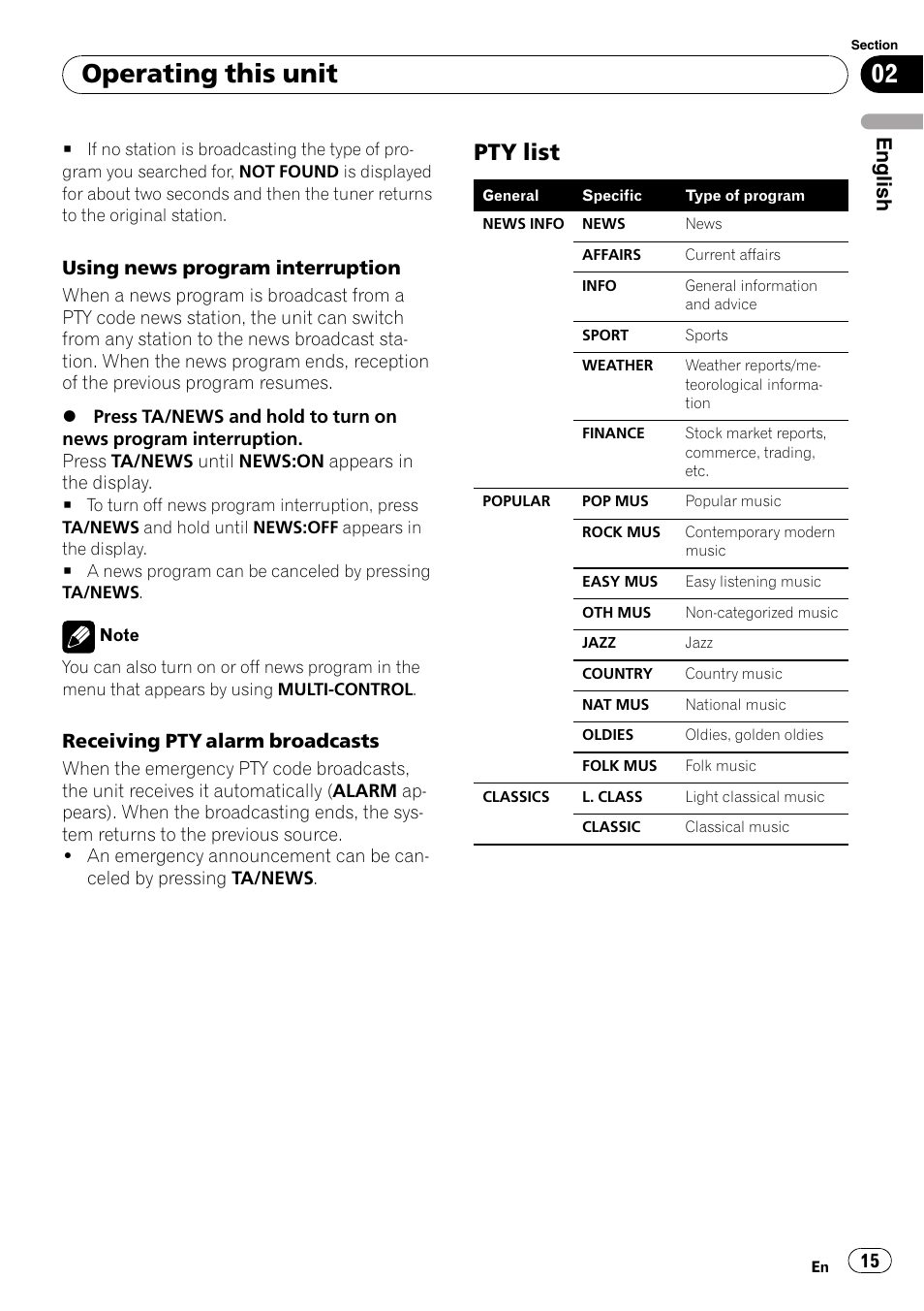 Pty list 15, Operating this unit, Pty list | English | Pioneer DEH-P65BT User Manual | Page 15 / 130