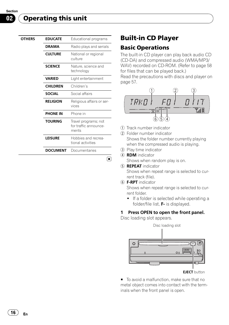 Built-in cd player, Basic operations 16, Operating this unit | Basic operations | Pioneer DEH-P65BT User Manual | Page 16 / 130