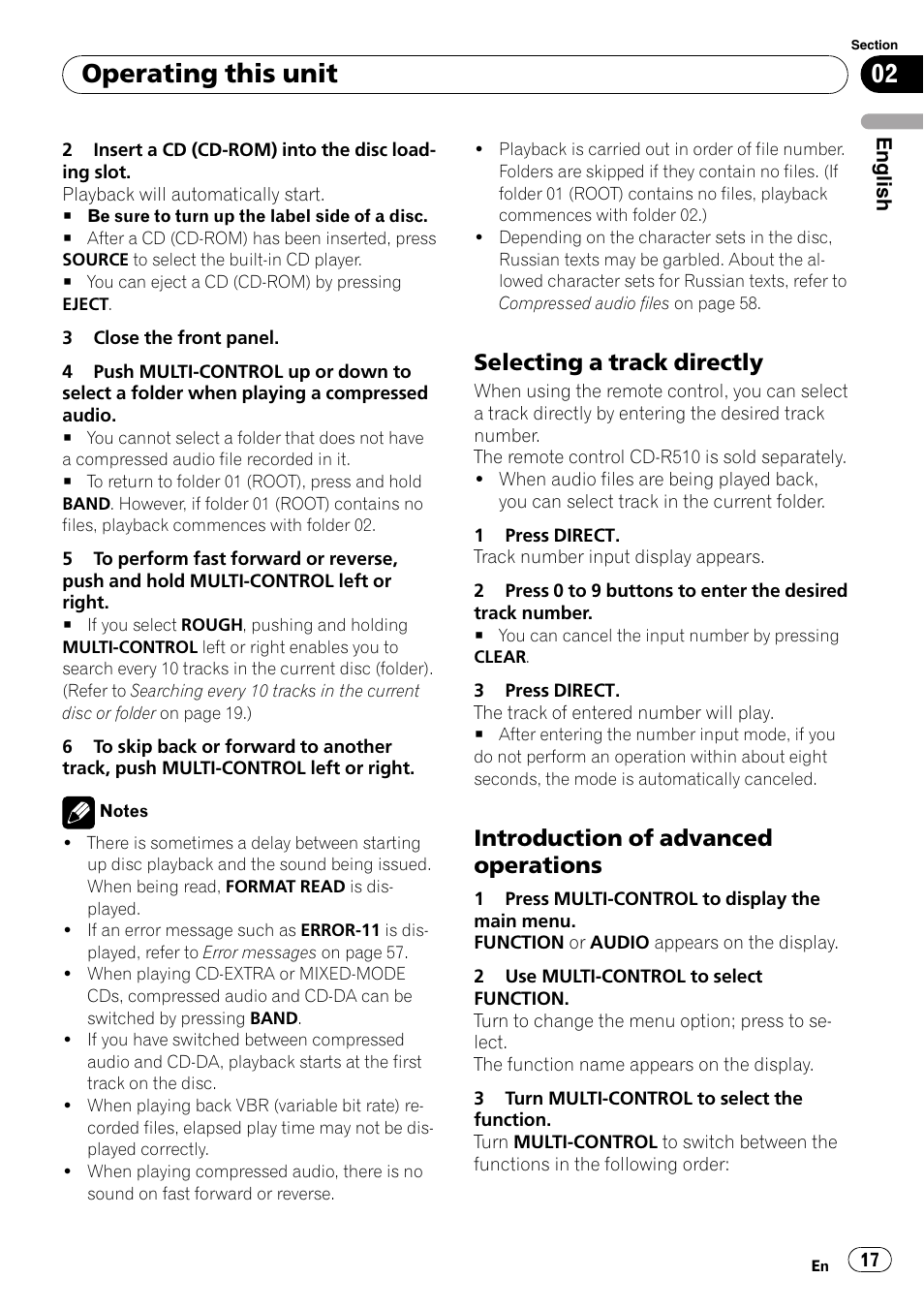 Selecting a track directly 17, Introduction of advanced, Operations | Operating this unit, Selecting a track directly, Introduction of advanced operations | Pioneer DEH-P65BT User Manual | Page 17 / 130