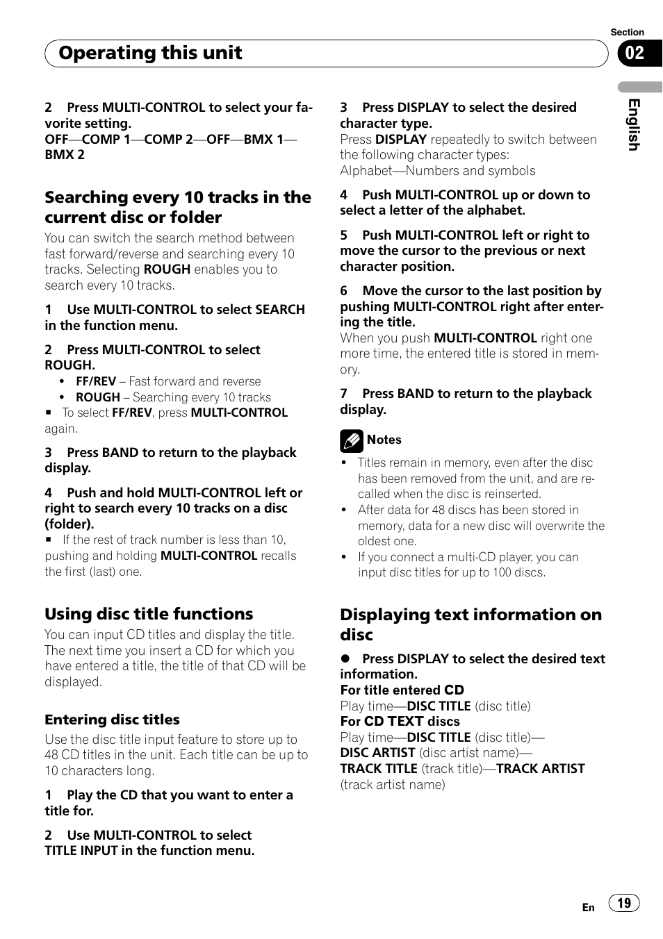 Searching every 10 tracks in the current, Disc or folder, Using disc title functions 19 | Displaying text information on disc 19, Operating this unit, Using disc title functions, Displaying text information on disc | Pioneer DEH-P65BT User Manual | Page 19 / 130