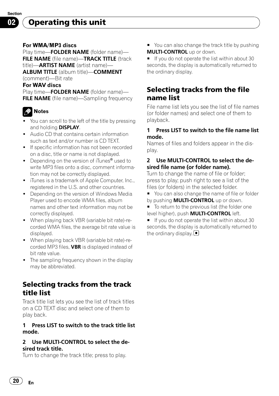 Selecting tracks from the track title, List, Selecting tracks from the file name | Operating this unit, Selecting tracks from the track title list, Selecting tracks from the file name list | Pioneer DEH-P65BT User Manual | Page 20 / 130