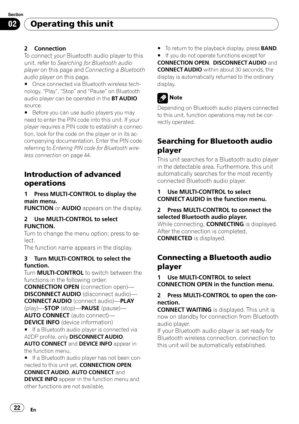 Introduction of advanced, Operations, Searching for bluetooth audio | Player, Connecting a bluetooth audio, Operating this unit, Introduction of advanced operations, Searching for bluetooth audio player, Connecting a bluetooth audio player | Pioneer DEH-P65BT User Manual | Page 22 / 130