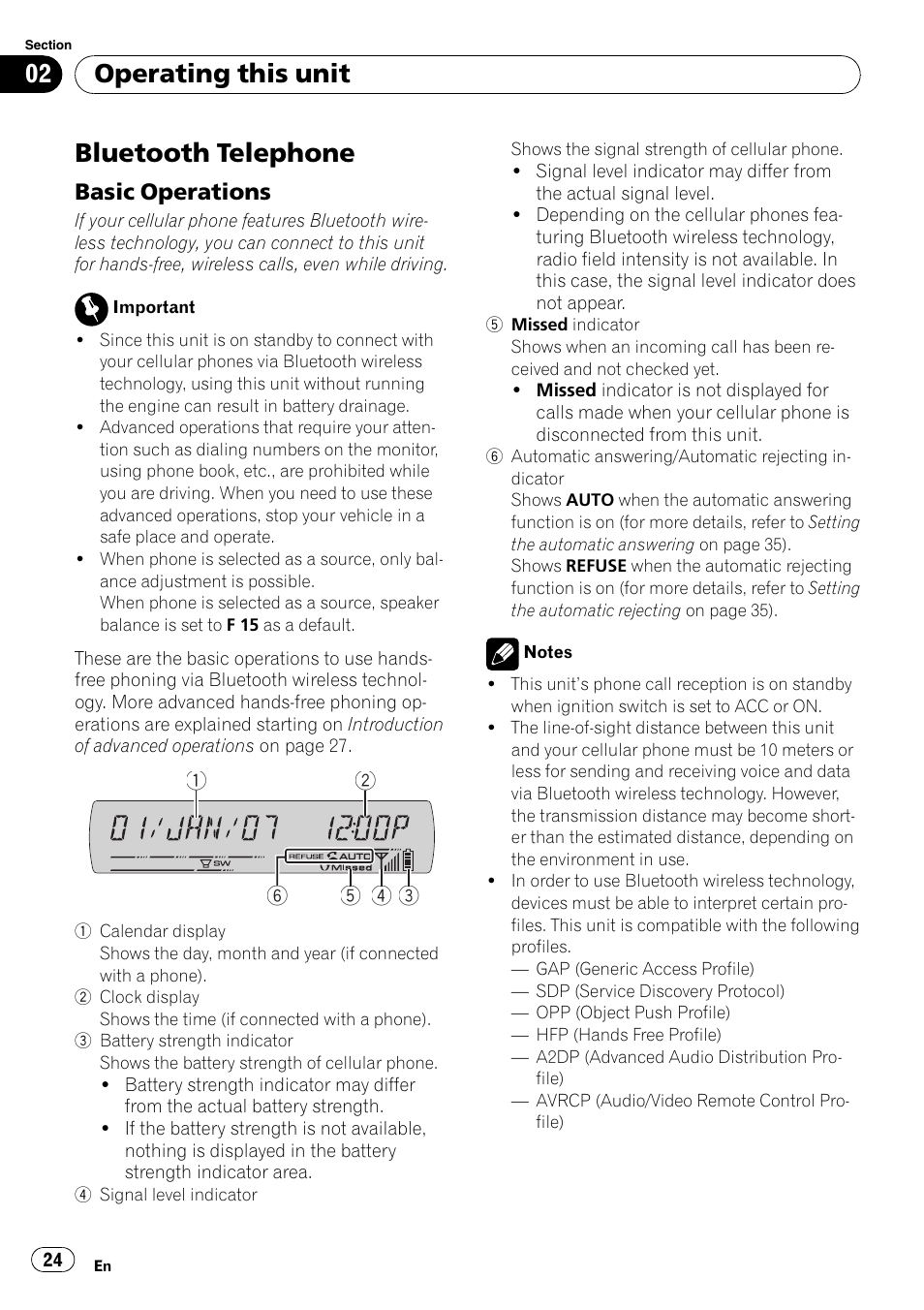 Bluetooth telephone, Basic operations 24, Operating this unit | Basic operations | Pioneer DEH-P65BT User Manual | Page 24 / 130