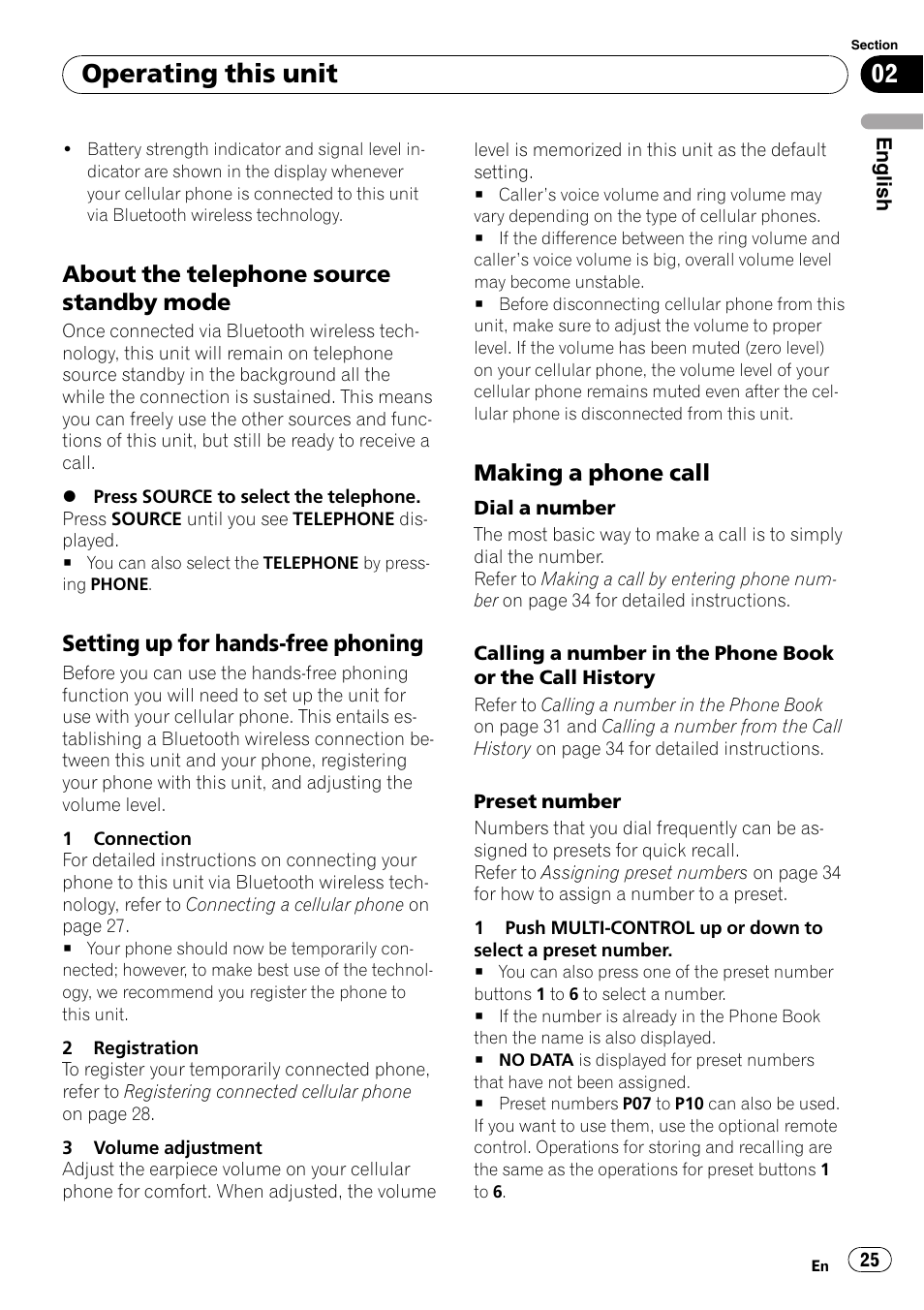 About the telephone source standby, Mode, Setting up for hands-free phoning 25 | Making a phone call 25, Operating this unit, About the telephone source standby mode, Setting up for hands-free phoning, Making a phone call | Pioneer DEH-P65BT User Manual | Page 25 / 130