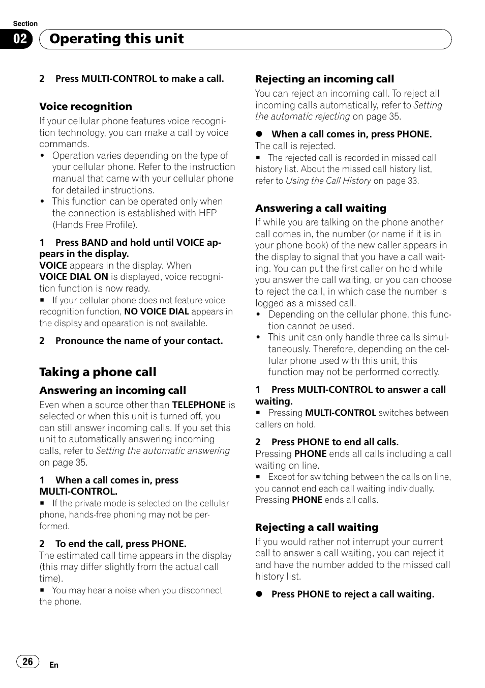 Taking a phone call 26, Operating this unit, Taking a phone call | Pioneer DEH-P65BT User Manual | Page 26 / 130
