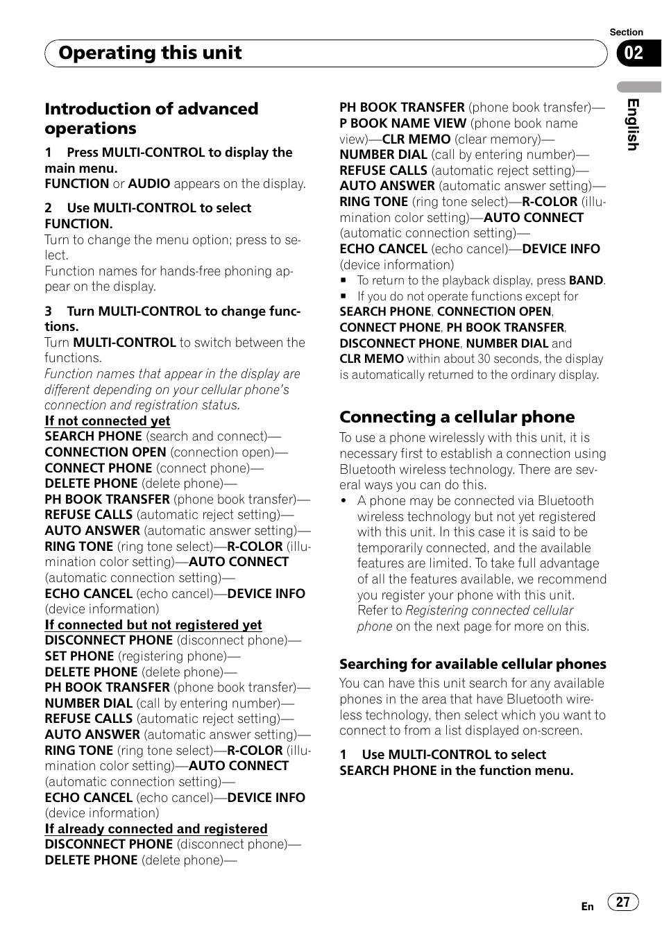 Introduction of advanced, Operations, Connecting a cellular phone 27 | Operating this unit, Introduction of advanced operations, Connecting a cellular phone | Pioneer DEH-P65BT User Manual | Page 27 / 130