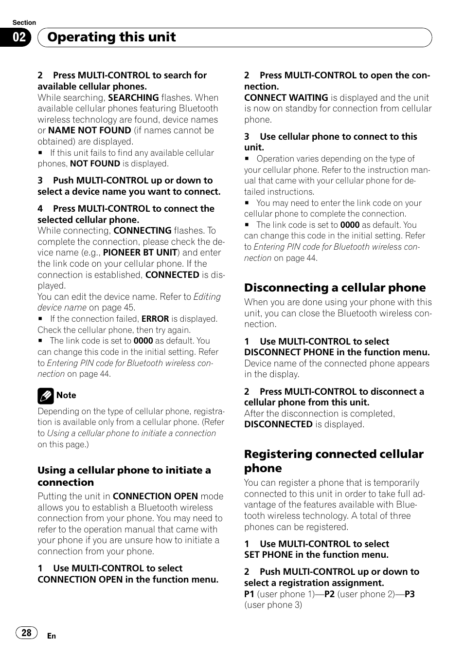 Disconnecting a cellular phone 28, Registering connected cellular, Phone | Operating this unit, Disconnecting a cellular phone, Registering connected cellular phone | Pioneer DEH-P65BT User Manual | Page 28 / 130