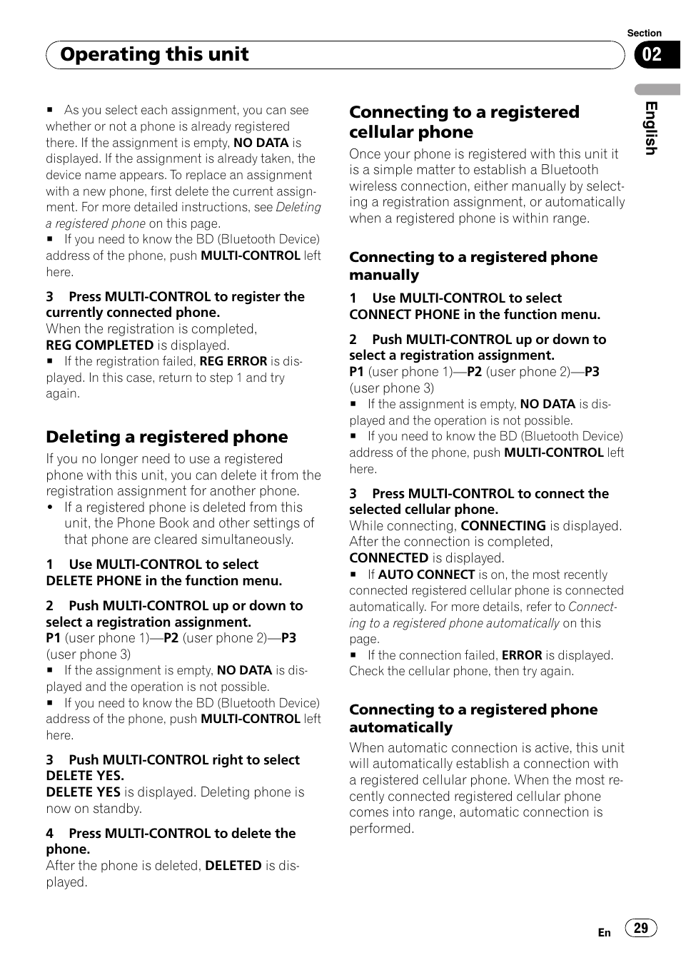 Deleting a registered phone 29, Connecting to a registered cellular, Phone | Operating this unit, Deleting a registered phone, Connecting to a registered cellular phone | Pioneer DEH-P65BT User Manual | Page 29 / 130