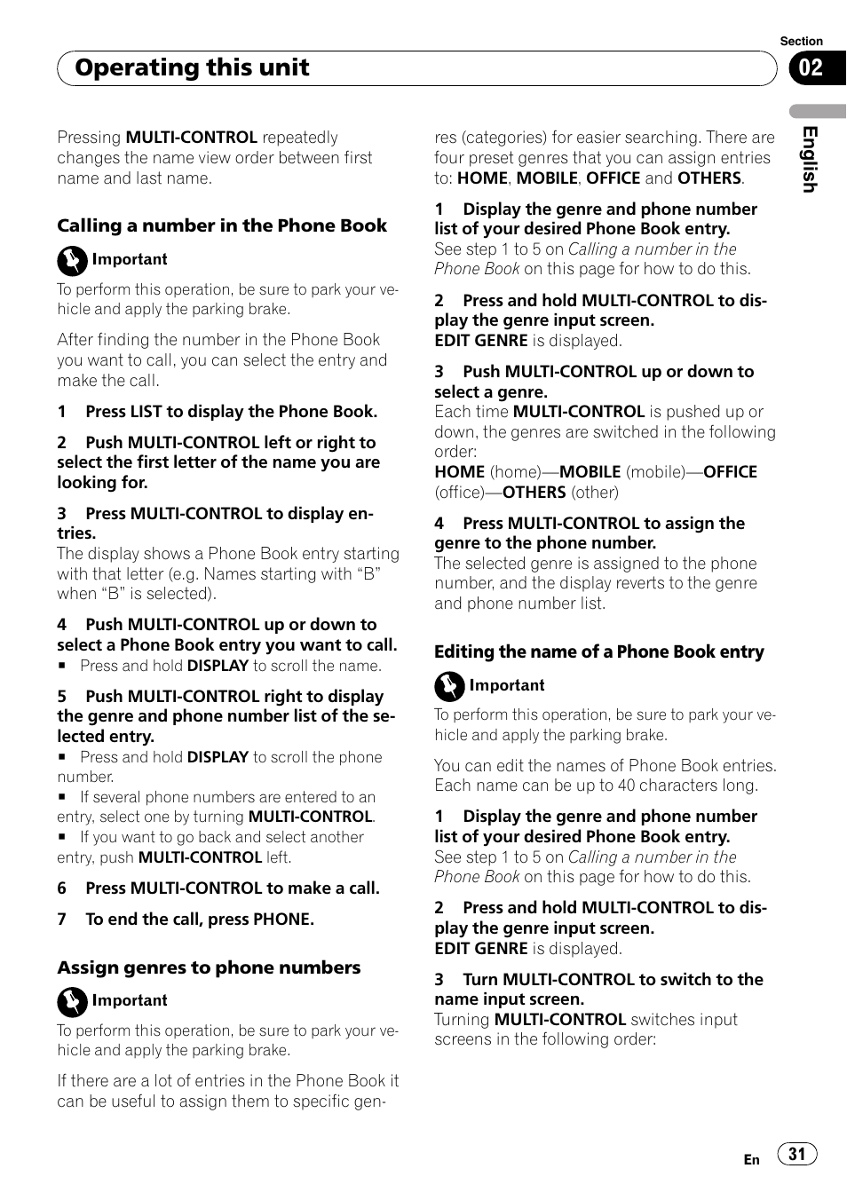 Operating this unit | Pioneer DEH-P65BT User Manual | Page 31 / 130
