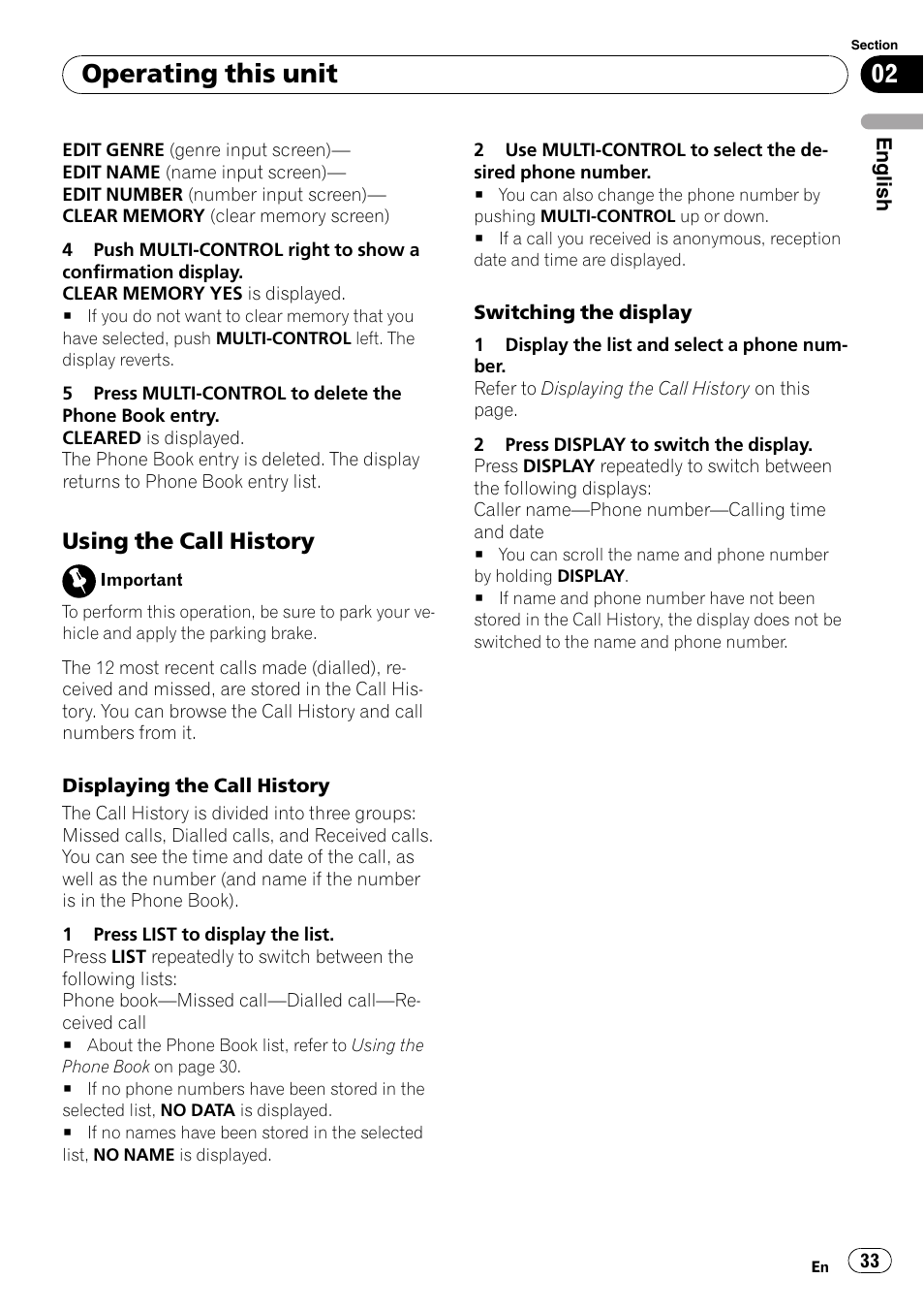Using the call history 33, Operating this unit, Using the call history | Pioneer DEH-P65BT User Manual | Page 33 / 130