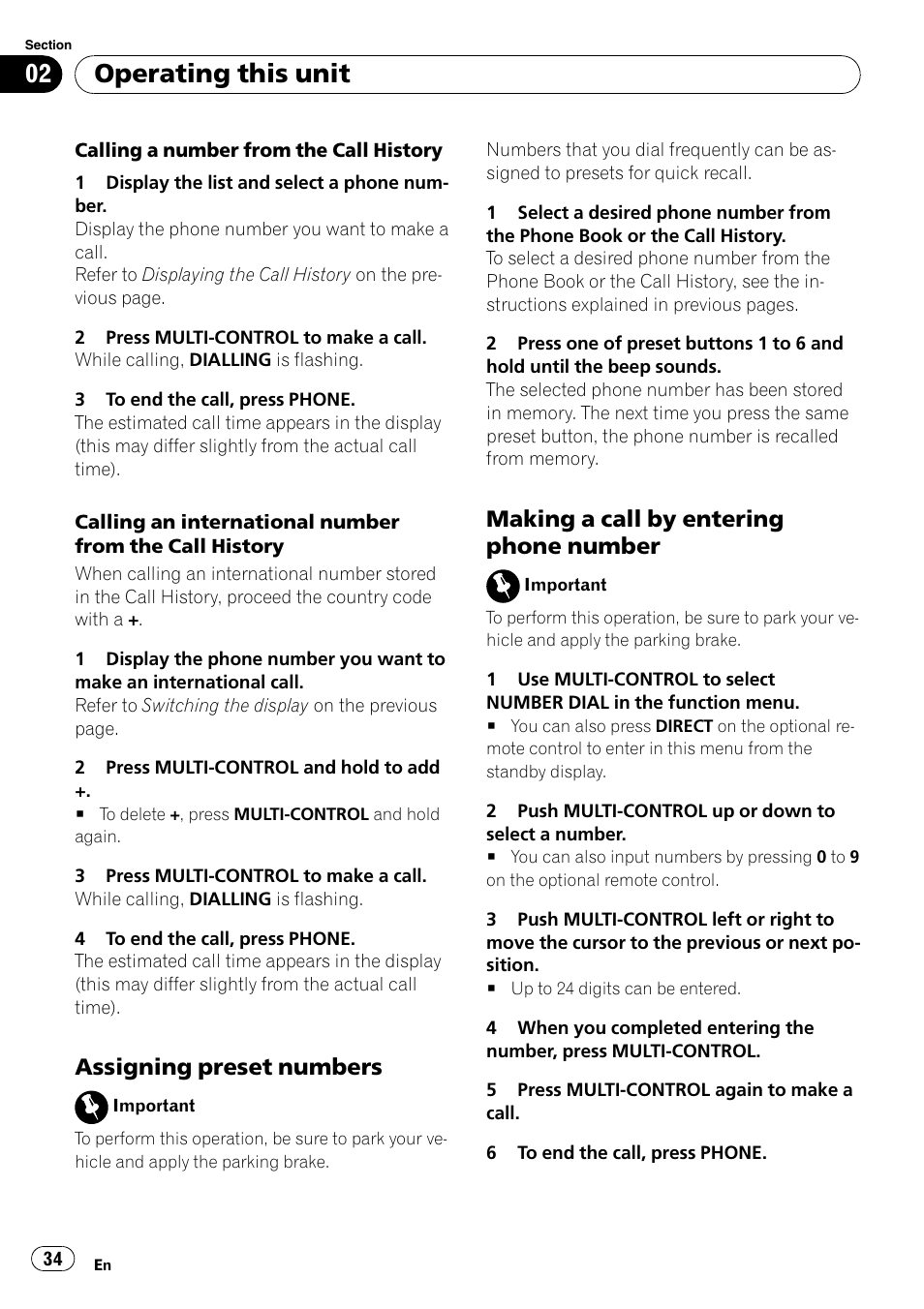 Assigning preset numbers 34, Making a call by entering phone, Number | Operating this unit, Assigning preset numbers, Making a call by entering phone number | Pioneer DEH-P65BT User Manual | Page 34 / 130