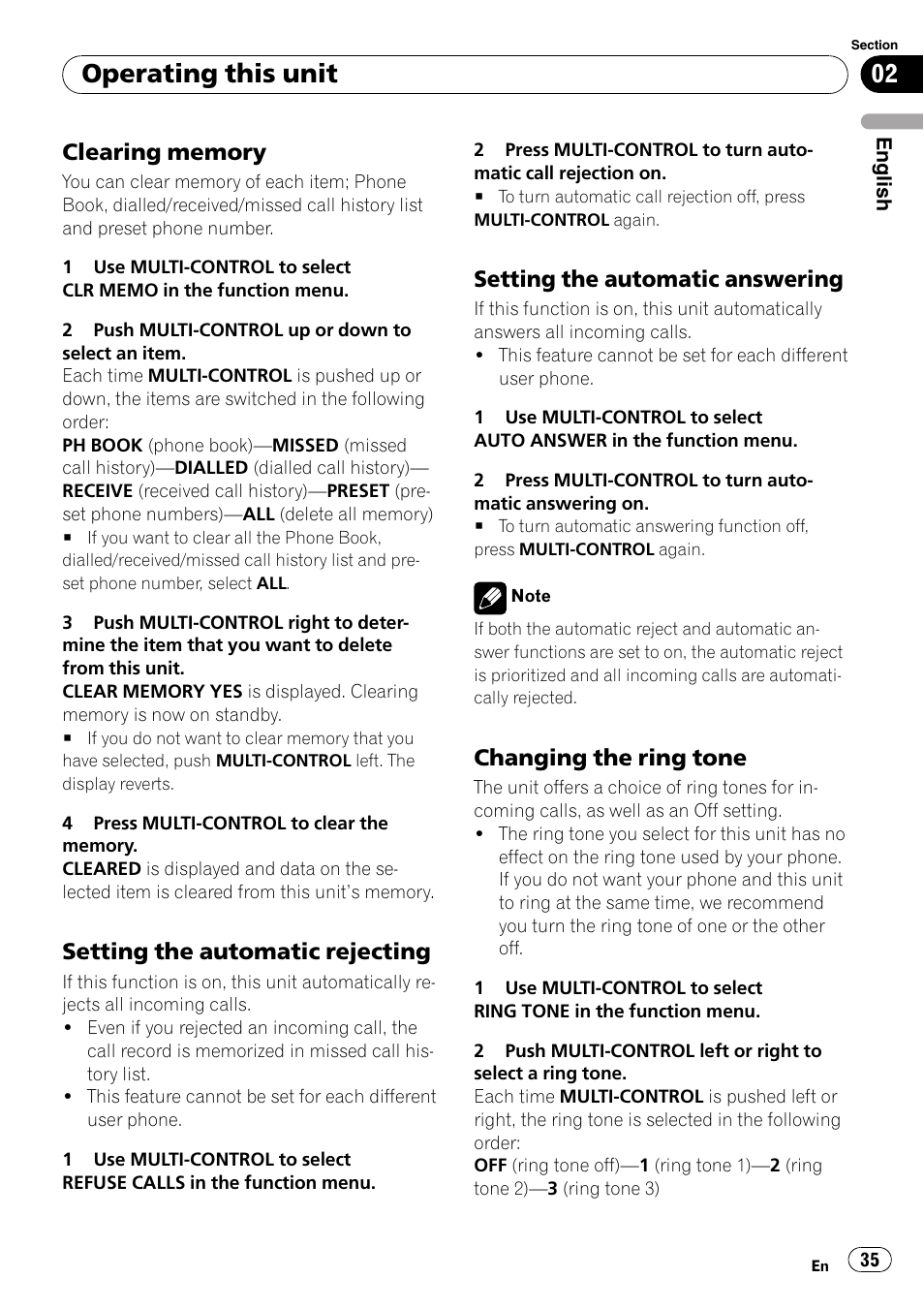 Clearing memory 35, Setting the automatic rejecting 35, Setting the automatic answering 35 | Changing the ring tone 35, Operating this unit, Setting the automatic rejecting, Setting the automatic answering, Changing the ring tone | Pioneer DEH-P65BT User Manual | Page 35 / 130