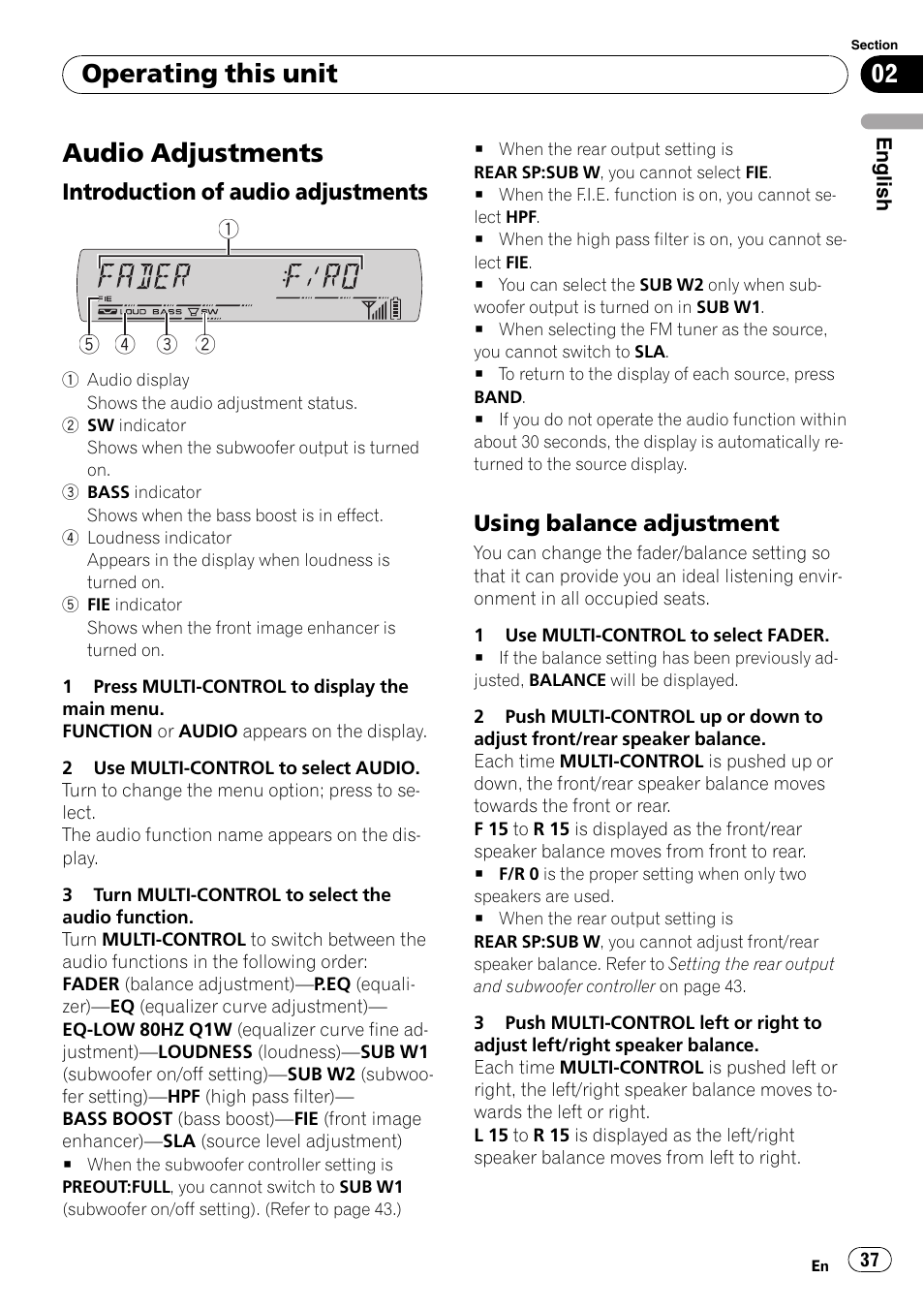 Audio adjustments, Introduction of audio adjustments 37, Using balance adjustment 37 | Operating this unit, Introduction of audio adjustments, Using balance adjustment | Pioneer DEH-P65BT User Manual | Page 37 / 130