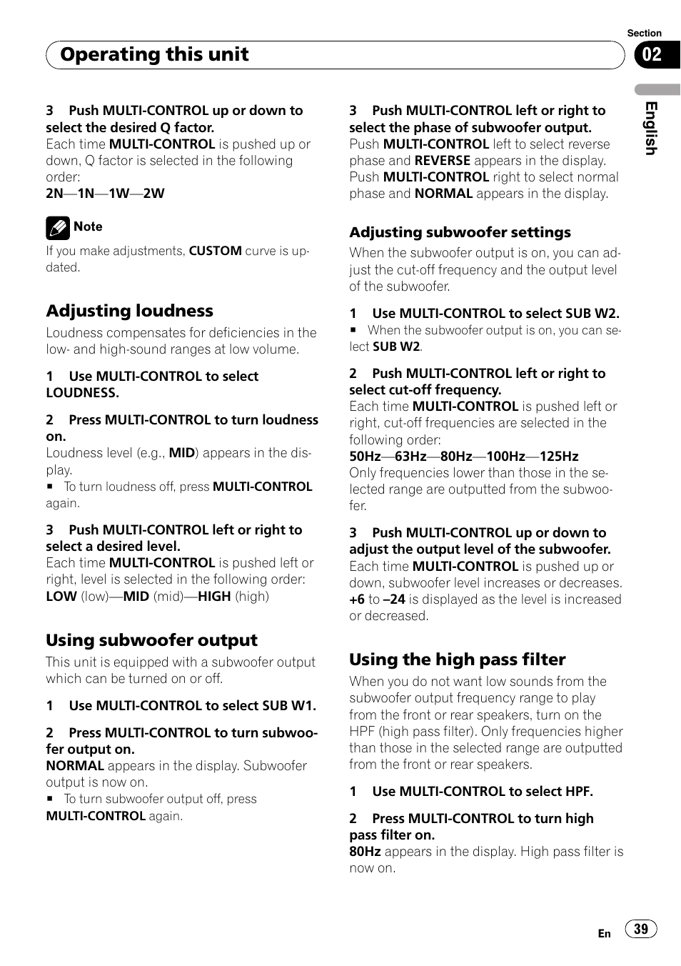 Adjusting loudness 39, Using subwoofer output 39, Using the high pass filter 39 | Operating this unit, Adjusting loudness, Using subwoofer output, Using the high pass filter | Pioneer DEH-P65BT User Manual | Page 39 / 130