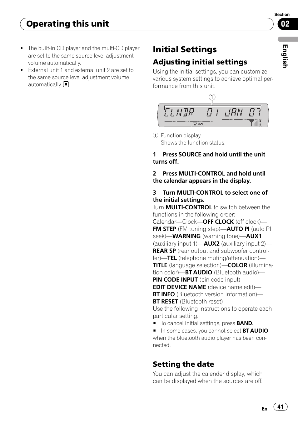 Initial settings, Adjusting initial settings 41, Setting the date 41 | Operating this unit, Adjusting initial settings, Setting the date | Pioneer DEH-P65BT User Manual | Page 41 / 130