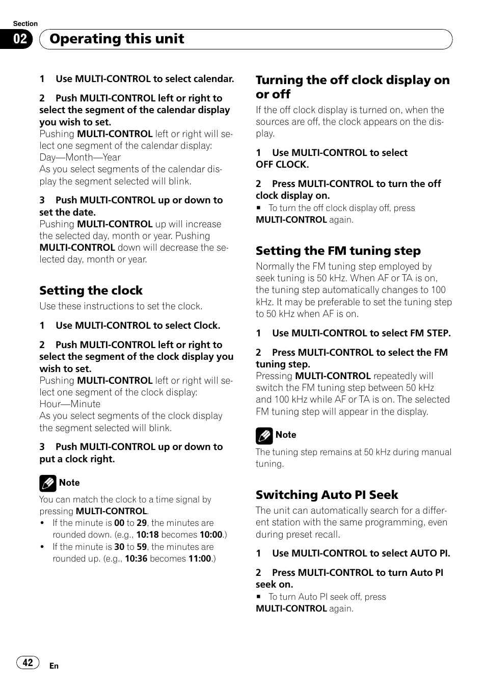 Setting the clock 42, Turning the off clock display on or, Setting the fm tuning step 42 | Switching auto pi seek 42, Operating this unit, Setting the clock, Turning the off clock display on or off, Setting the fm tuning step, Switching auto pi seek | Pioneer DEH-P65BT User Manual | Page 42 / 130