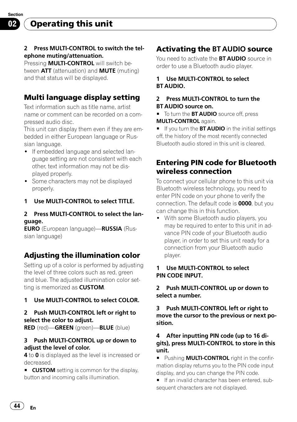 Multi language display setting 44, Adjusting the illumination color 44, Activating the bt audio source 44 | Entering pin code for bluetooth, Wireless connection, Activating the, Bt audio source, Bt audio source on, Operating this unit, Multi language display setting | Pioneer DEH-P65BT User Manual | Page 44 / 130