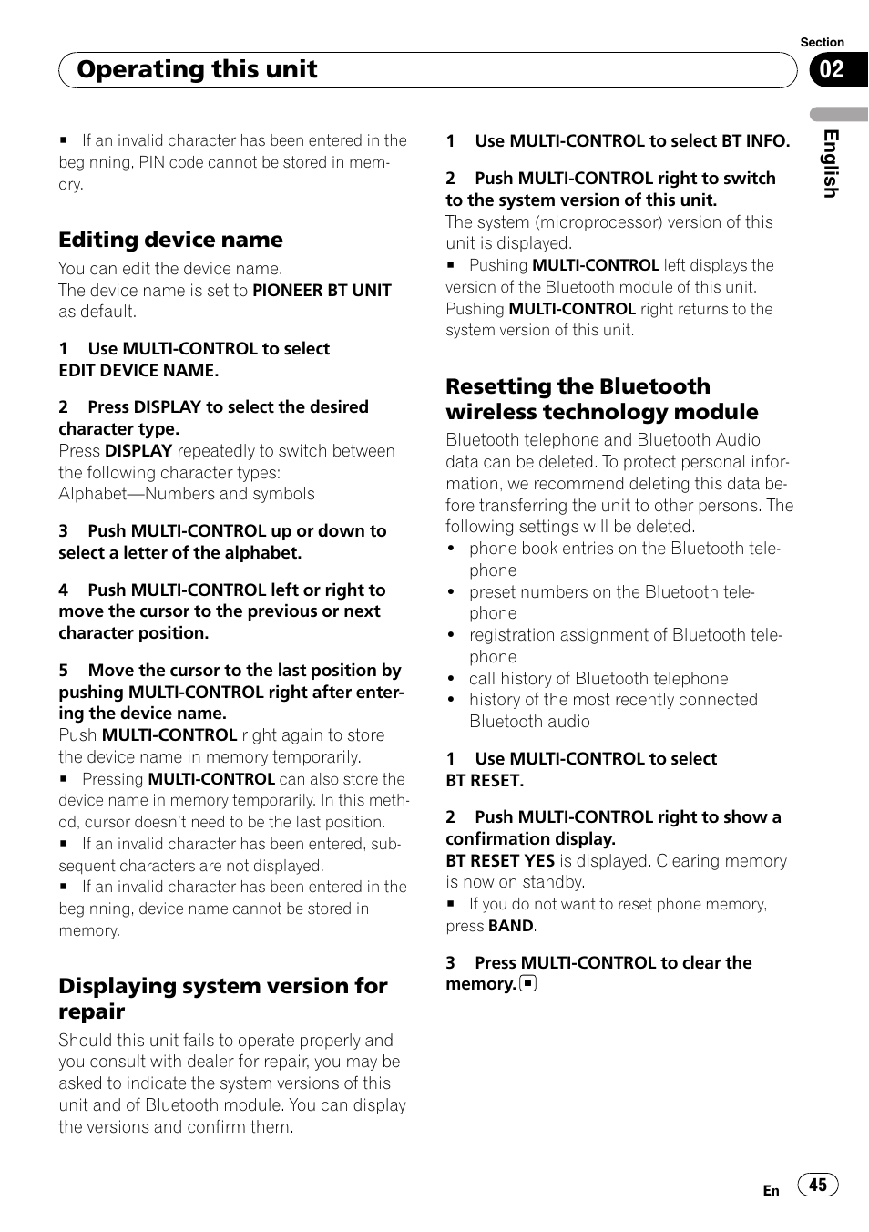 Editing device name 45, Displaying system version for, Repair | Resetting the bluetooth wireless, Technology module, Operating this unit, Editing device name, Displaying system version for repair, Resetting the bluetooth wireless technology module | Pioneer DEH-P65BT User Manual | Page 45 / 130