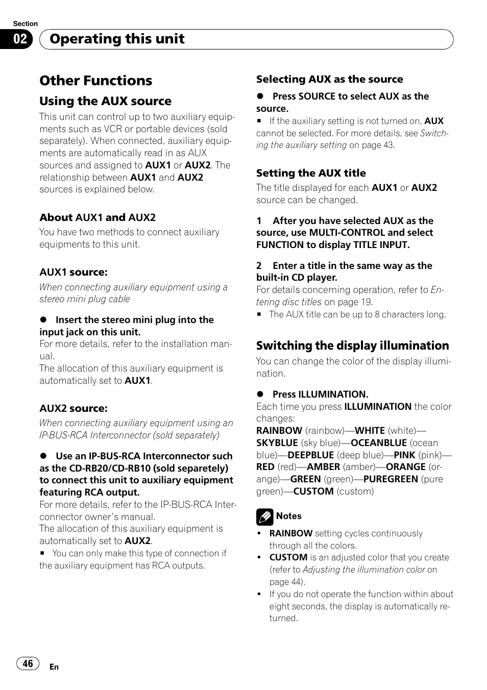 Other functions, Using the aux source 46, Switching the display illumination 46 | Operating this unit, Using the aux source, Switching the display illumination | Pioneer DEH-P65BT User Manual | Page 46 / 130
