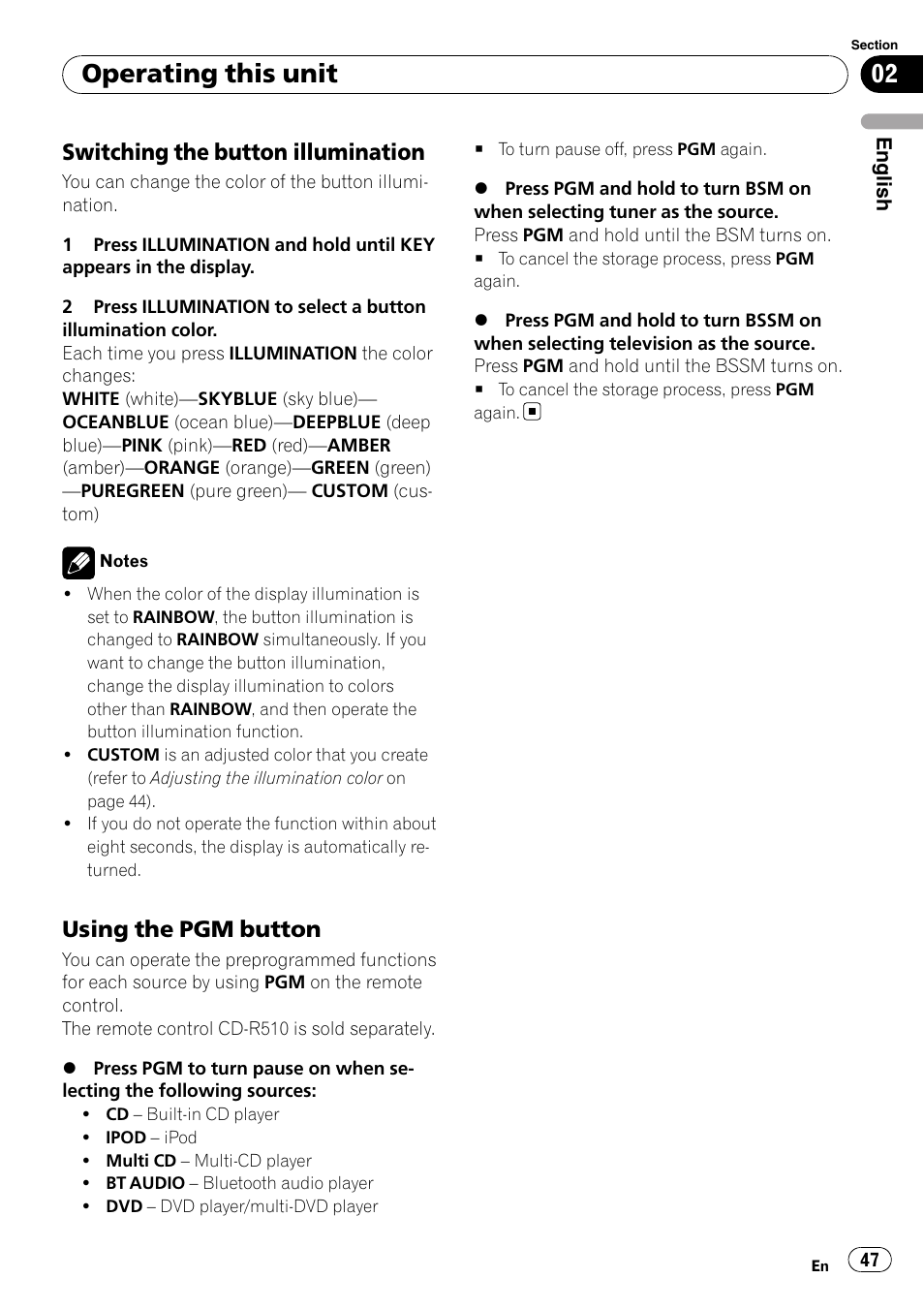 Switching the button illumination 47, Using the pgm button 47, Operating this unit | Switching the button illumination, Using the pgm button | Pioneer DEH-P65BT User Manual | Page 47 / 130