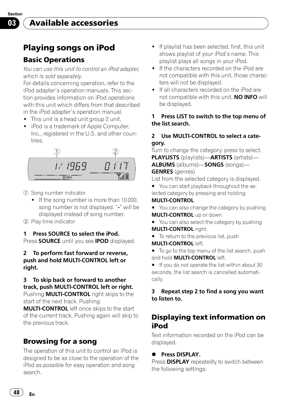 Available accessories playing songs on ipod, Basic operations 48, Browsing for a song 48 | Displaying text information on, Ipod, Playing songs on ipod, Available accessories, Basic operations, Browsing for a song, Displaying text information on ipod | Pioneer DEH-P65BT User Manual | Page 48 / 130