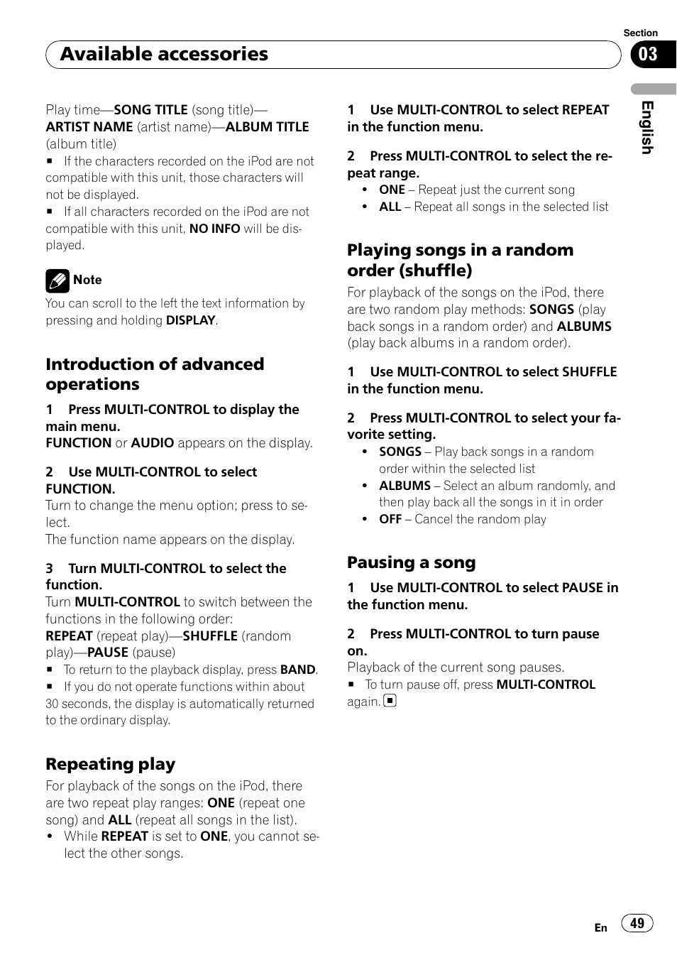 Introduction of advanced, Operations, Repeating play 49 | Playing songs in a random order, Shuffle), Pausing a song 49, Available accessories, Introduction of advanced operations, Repeating play, Playing songs in a random order (shuffle) | Pioneer DEH-P65BT User Manual | Page 49 / 130