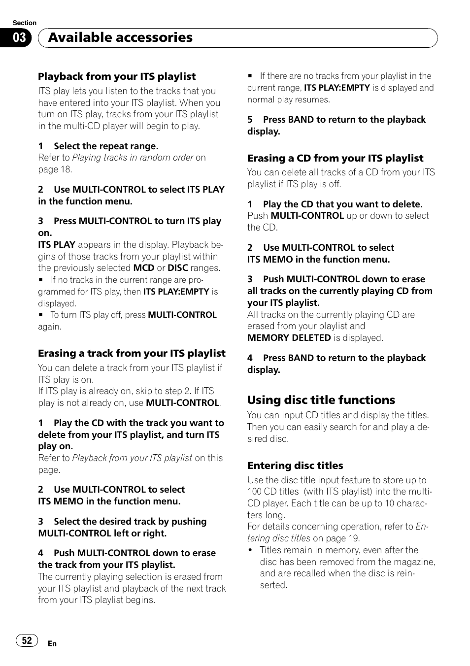 Using disc title functions 52, Available accessories, Using disc title functions | Pioneer DEH-P65BT User Manual | Page 52 / 130