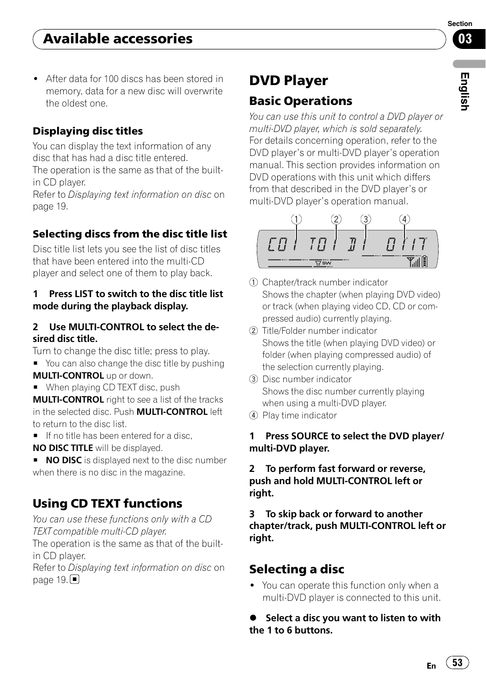 Using cd text functions 53, Dvd player, Basic operations 53 | Selecting a disc 53, Available accessories, Using cd text functions, Basic operations, Selecting a disc | Pioneer DEH-P65BT User Manual | Page 53 / 130
