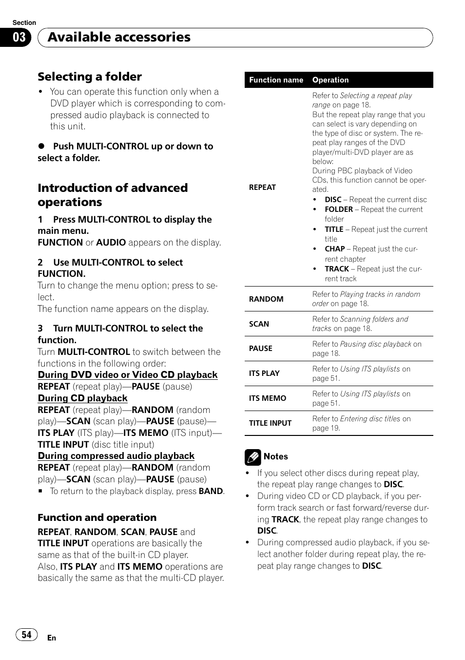 Selecting a folder 54, Introduction of advanced, Operations | Available accessories, Selecting a folder, Introduction of advanced operations | Pioneer DEH-P65BT User Manual | Page 54 / 130