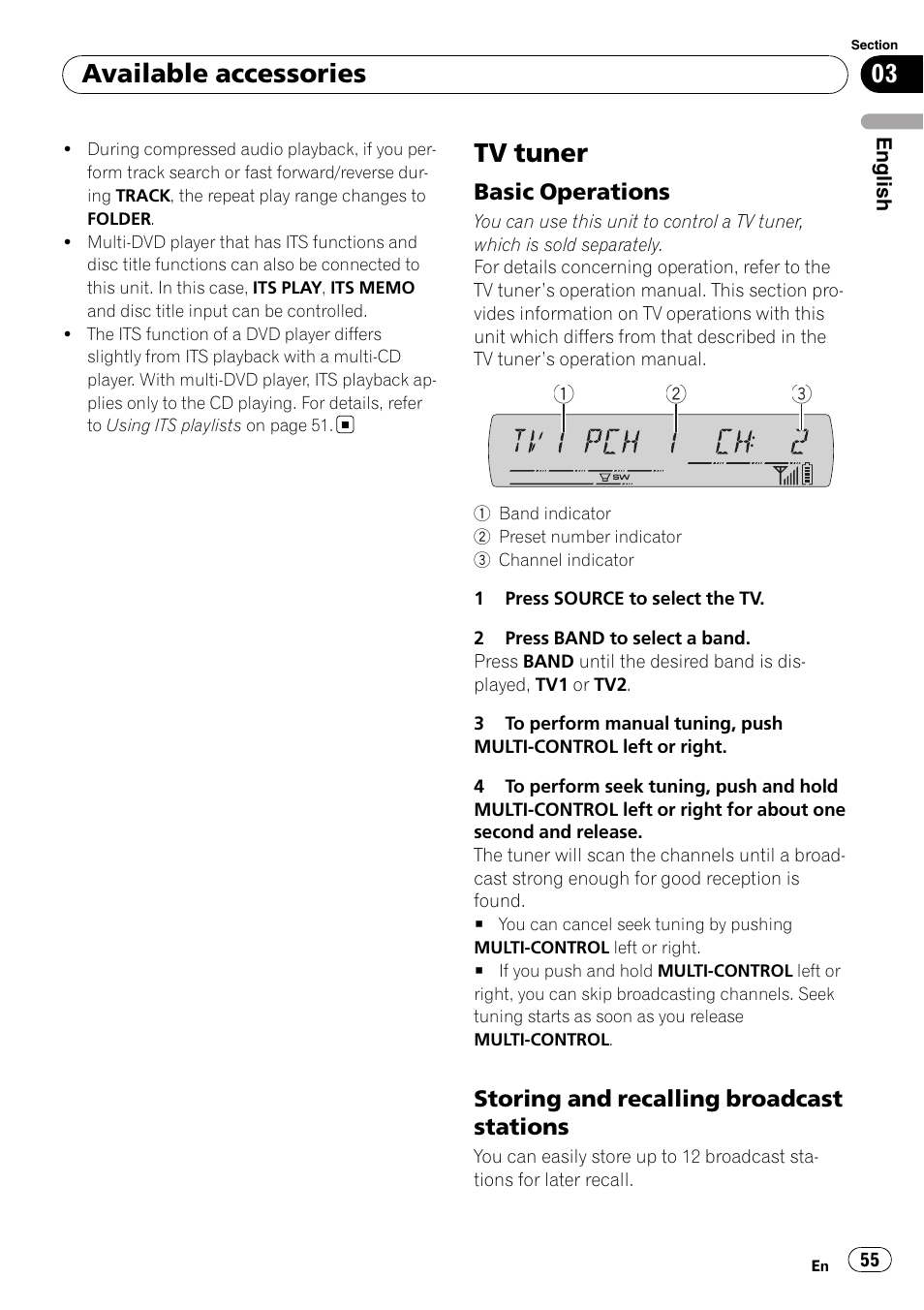 Tv tuner, Basic operations 55, Storing and recalling broadcast | Stations, Available accessories, Basic operations, Storing and recalling broadcast stations | Pioneer DEH-P65BT User Manual | Page 55 / 130