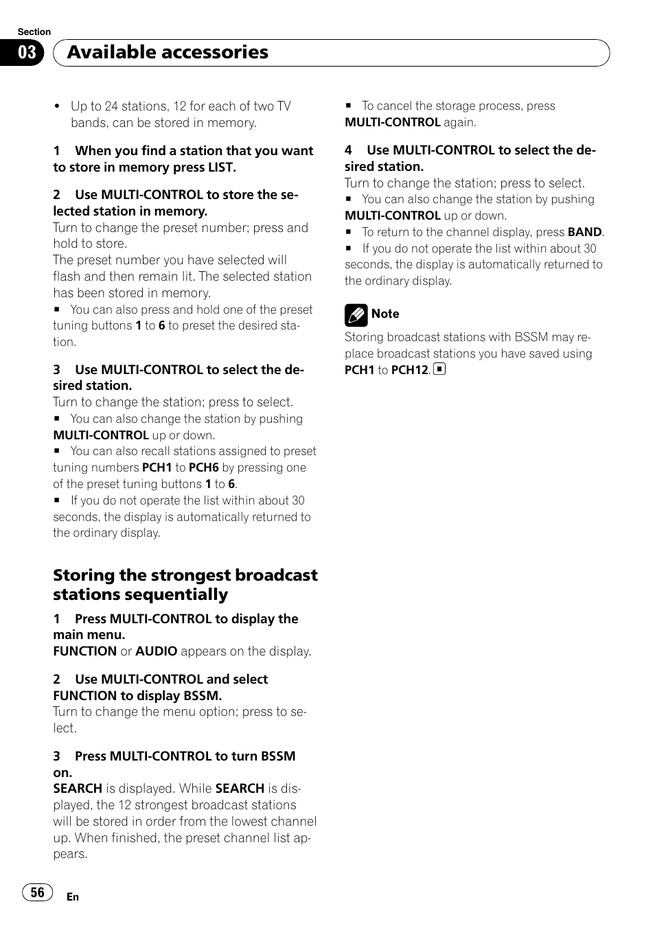 Storing the strongest broadcast, Stations sequentially, Available accessories | Pioneer DEH-P65BT User Manual | Page 56 / 130