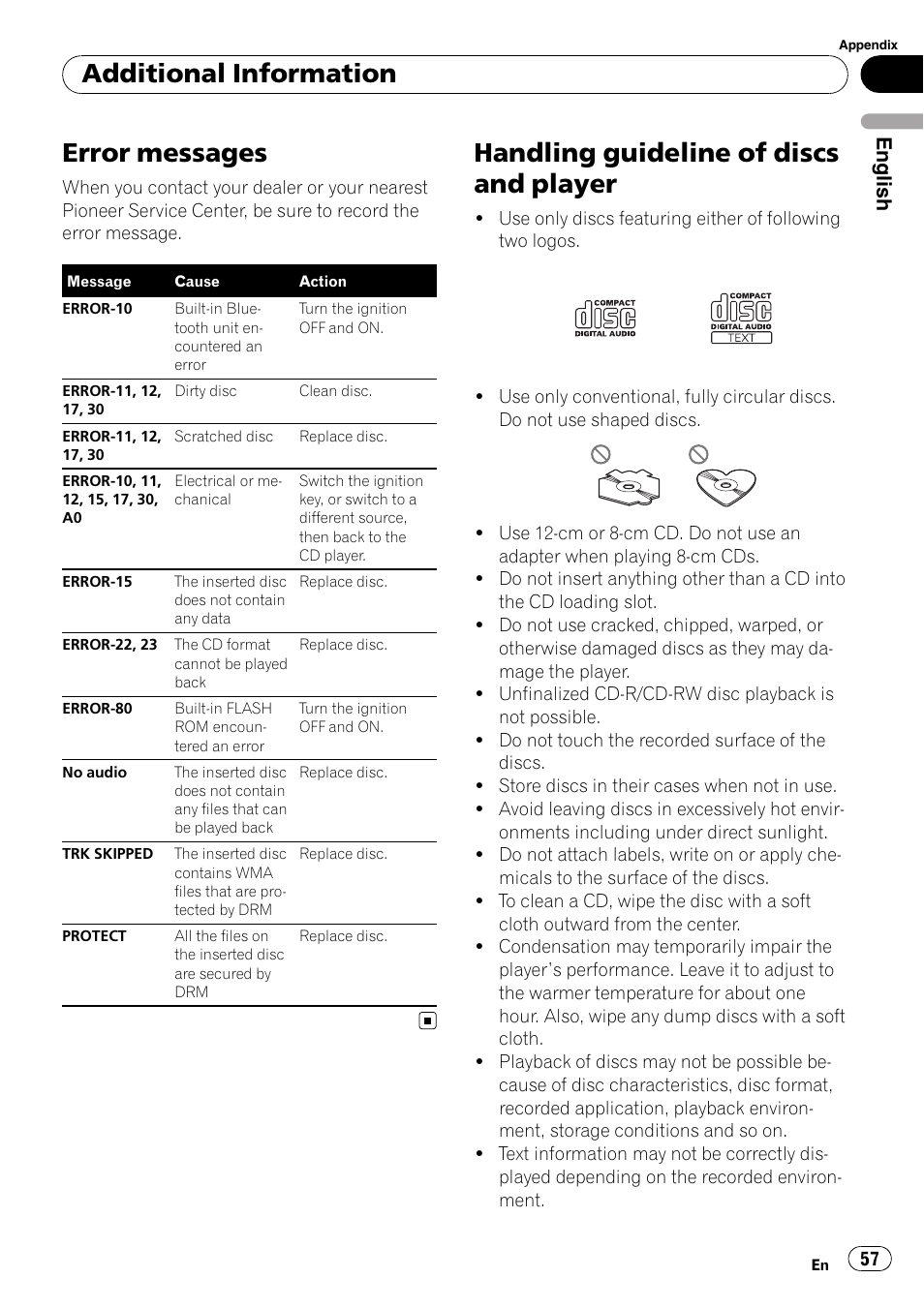 Additional information error messages, Handling guideline of discs and player, Error messages | Additional information, English | Pioneer DEH-P65BT User Manual | Page 57 / 130