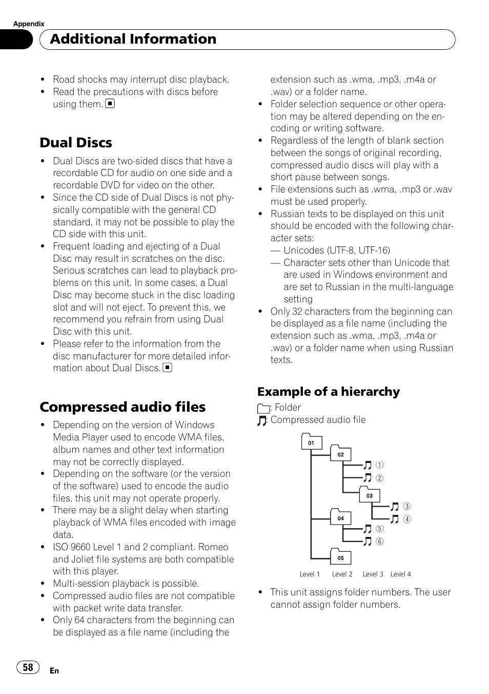 Dual discs, Compressed audio files, Example of a hierarchy 58 | Additional information, Example of a hierarchy | Pioneer DEH-P65BT User Manual | Page 58 / 130